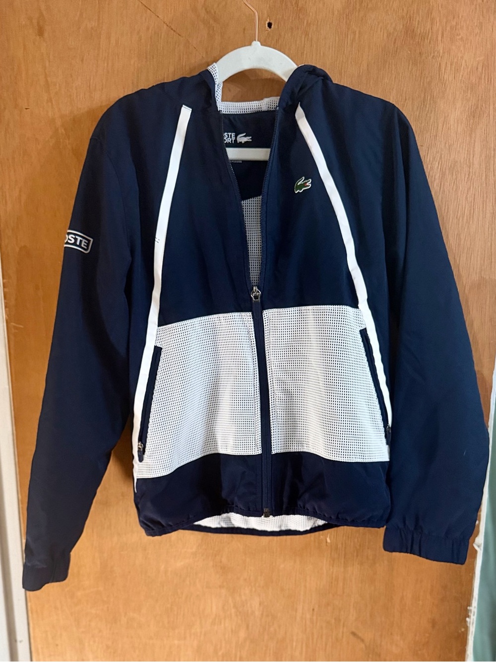 Lacoste Navy and White Hooded Windbreaker Jacket